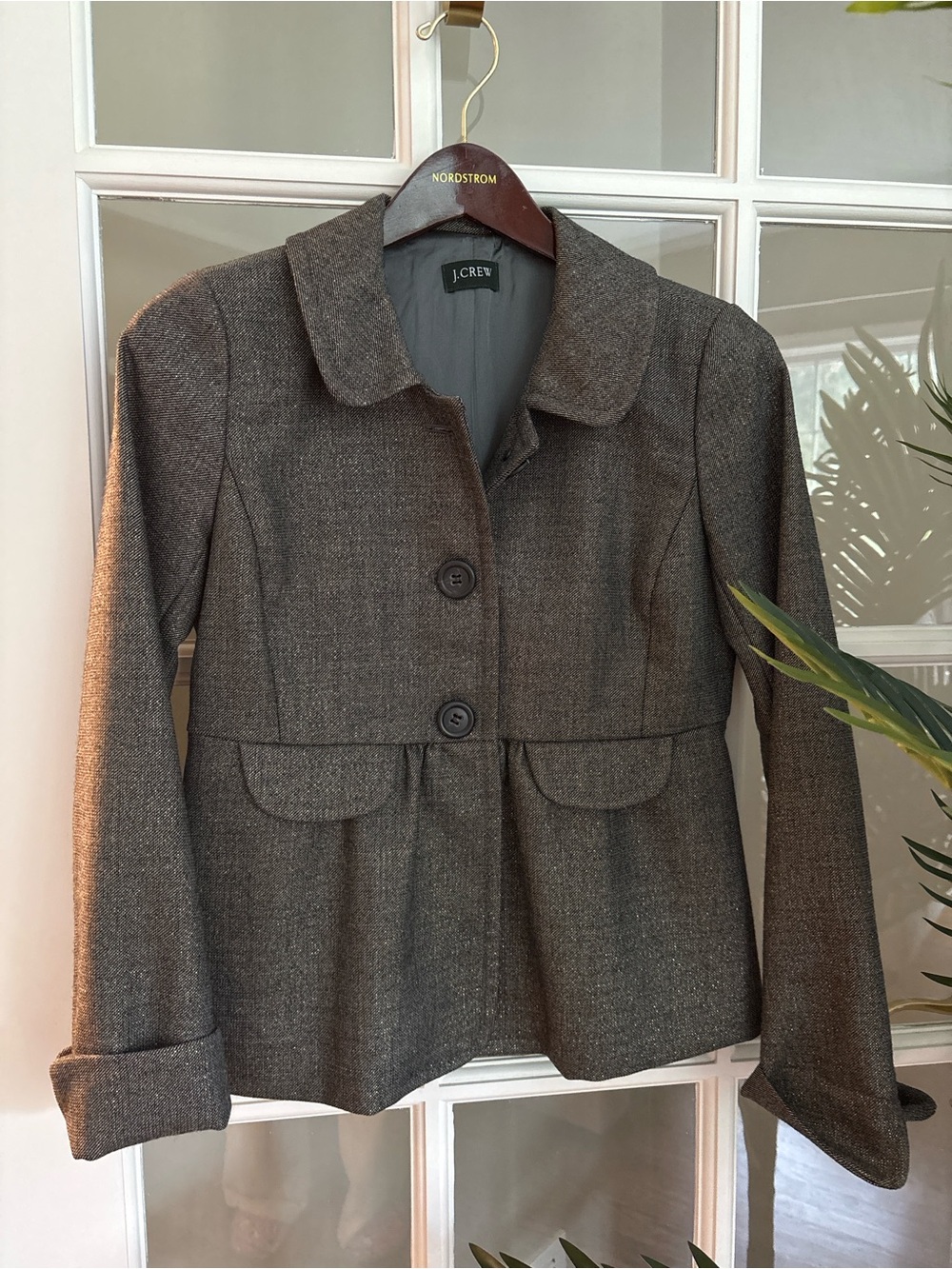 J. Crew Black/Grey Wool-Blend Peplum Blazer